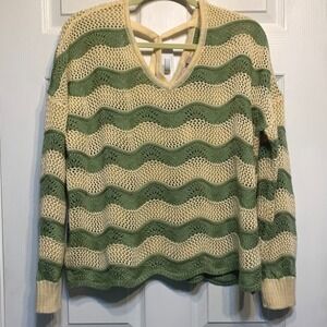 Willow + Root Sweater Medium Green Cream Wavy Chevron Open Knit V-Neck Festival